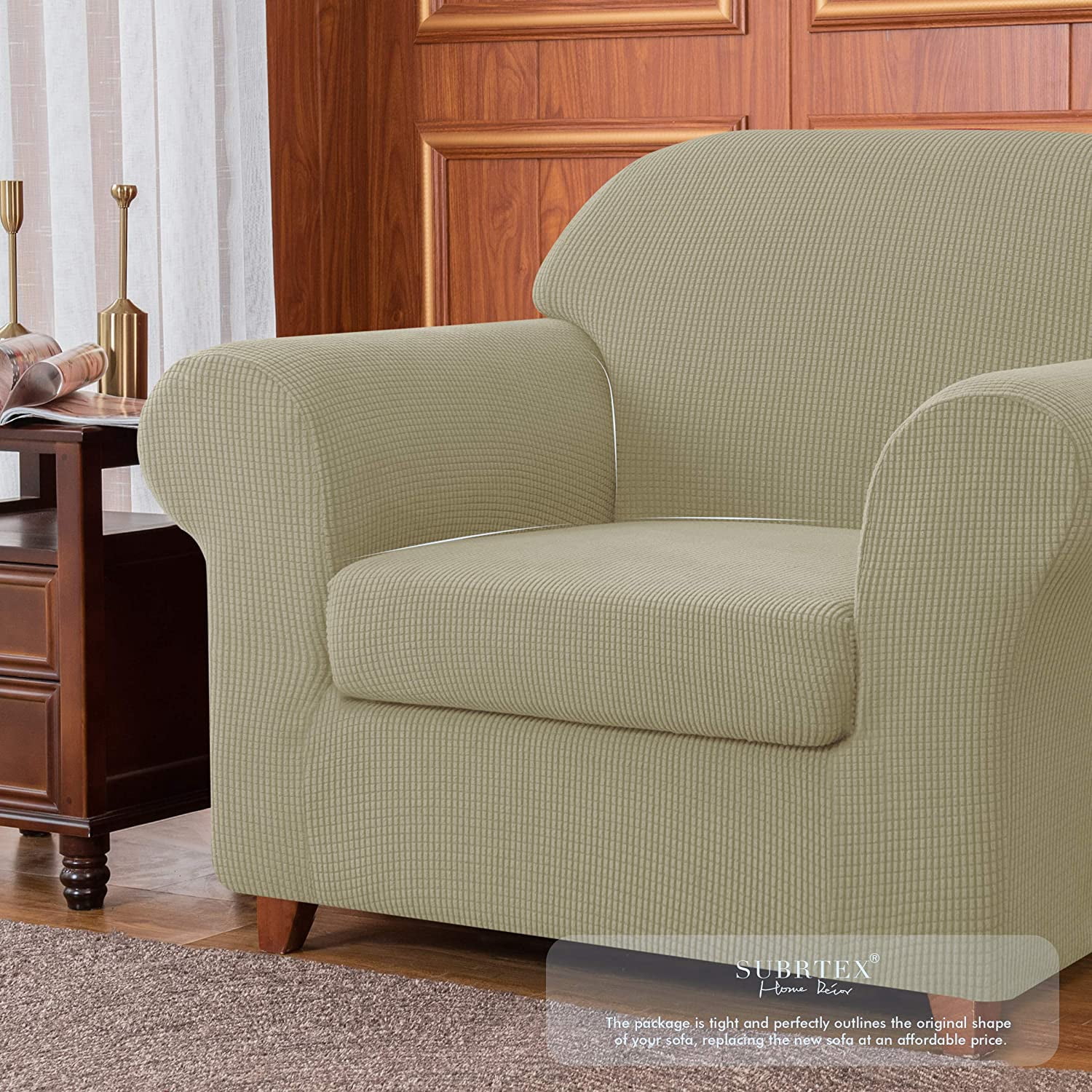 Subrtex Stretch 2-Piece Textured Grid Armchair Slipcover, Sand