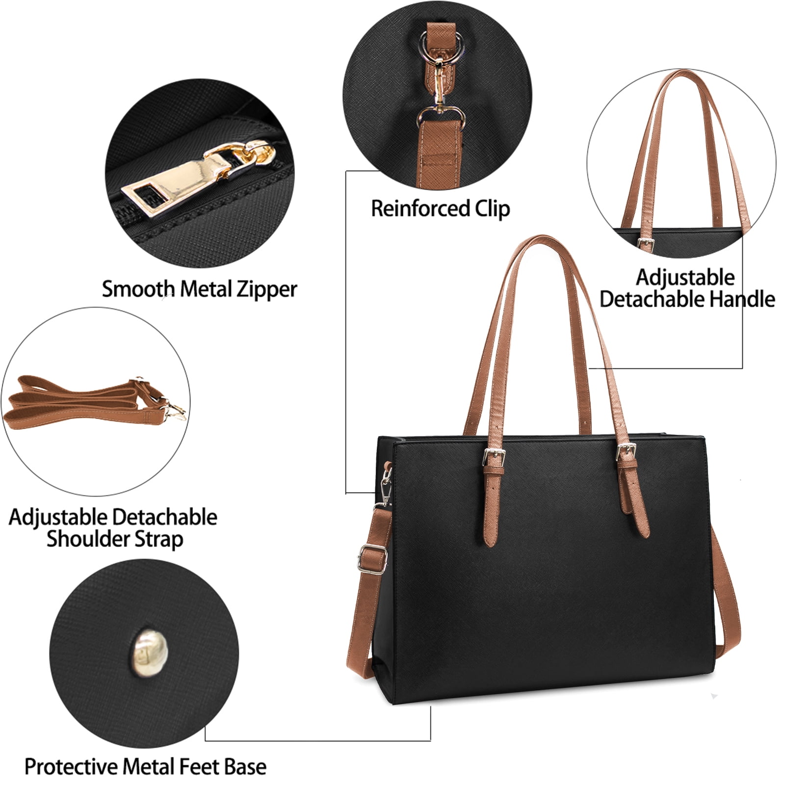 Laptop Bag for Women 15.6 Inch Computer Tote Bag Large Capacity Handbag Waterproof Lightweight Leather Business Office Briefcase Shoulder Bag Professional Office Work Bag,Black and Dark Brown