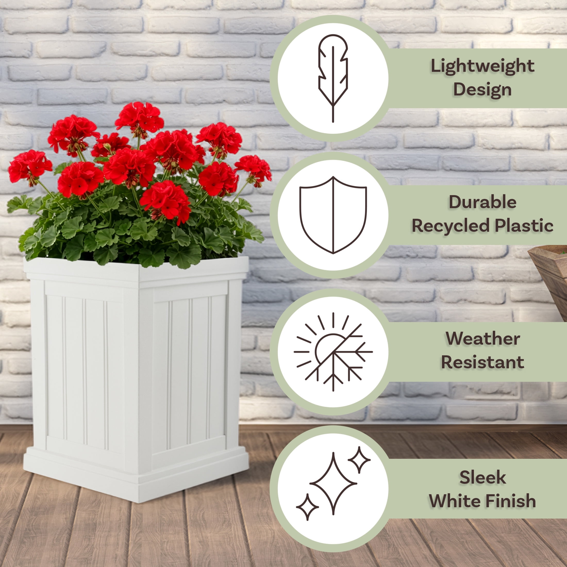 Pure Garden Outdoor Planter Box - 13.7” Square 19” Tall Plastic Plant Pot with Drainage Holes, White