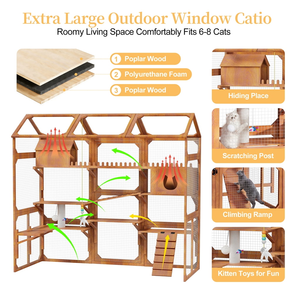 108" Large Outdoor Cat Enclosure Wooden Catio, Multi-Level Cat Playpen with Weather-Resistant Roof, Resting Box, Climbing Ramps &  2 Plant Stands for Backyard Patio, Brown