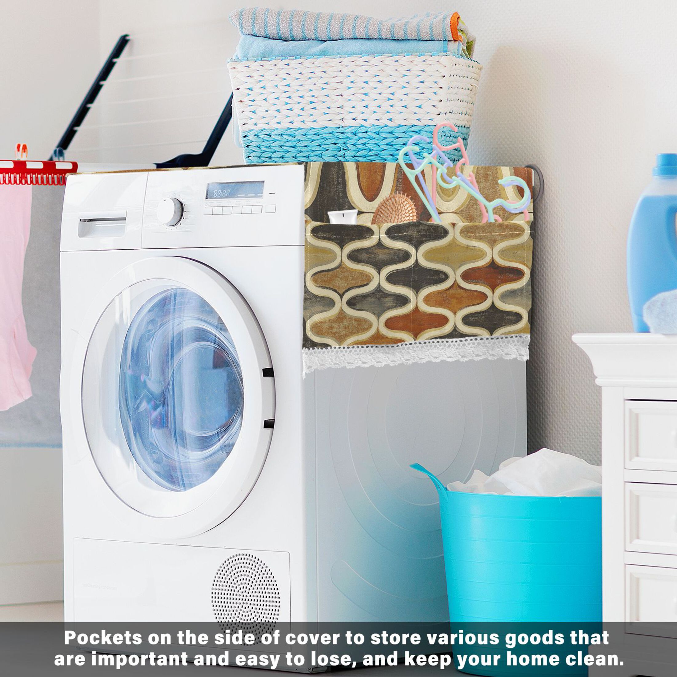Retro CarpetWasher and Dryer Covers Dust-Proof and Oil Resistant Fridge Cover with 4 Storage Pockets Washing Machine Top Cover for Laundry Kitchen Home 51.2 x 22 In