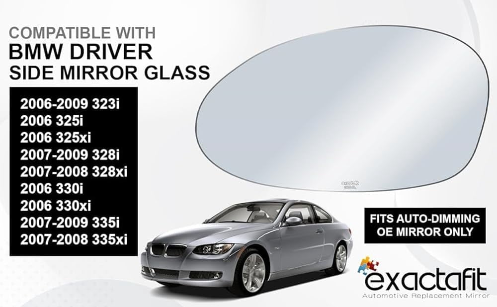exactafit 8290L Driver Side Mirror Glass Replacement Fits BMW 2008-2009 1-Series E82 2006-2009 3-Series 2001-2006 M3, 2003-2008 Z4 Left Hand 3m Adhesives