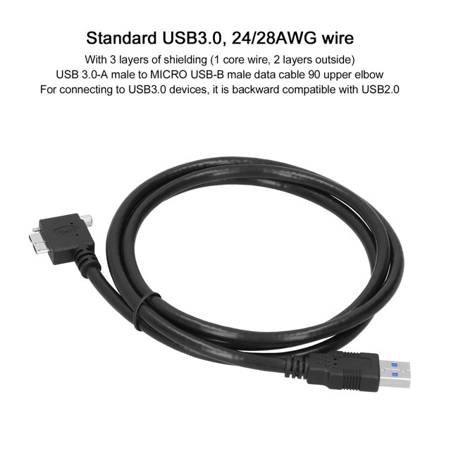 753 Cable Micro USB 3.0, 90 Grados USB 3.0 A Macho a Micro B Cable en ángulo con Tornillos para Discos Duros, Cámara Industrial, Teléfono(Negro) Ecomeon no