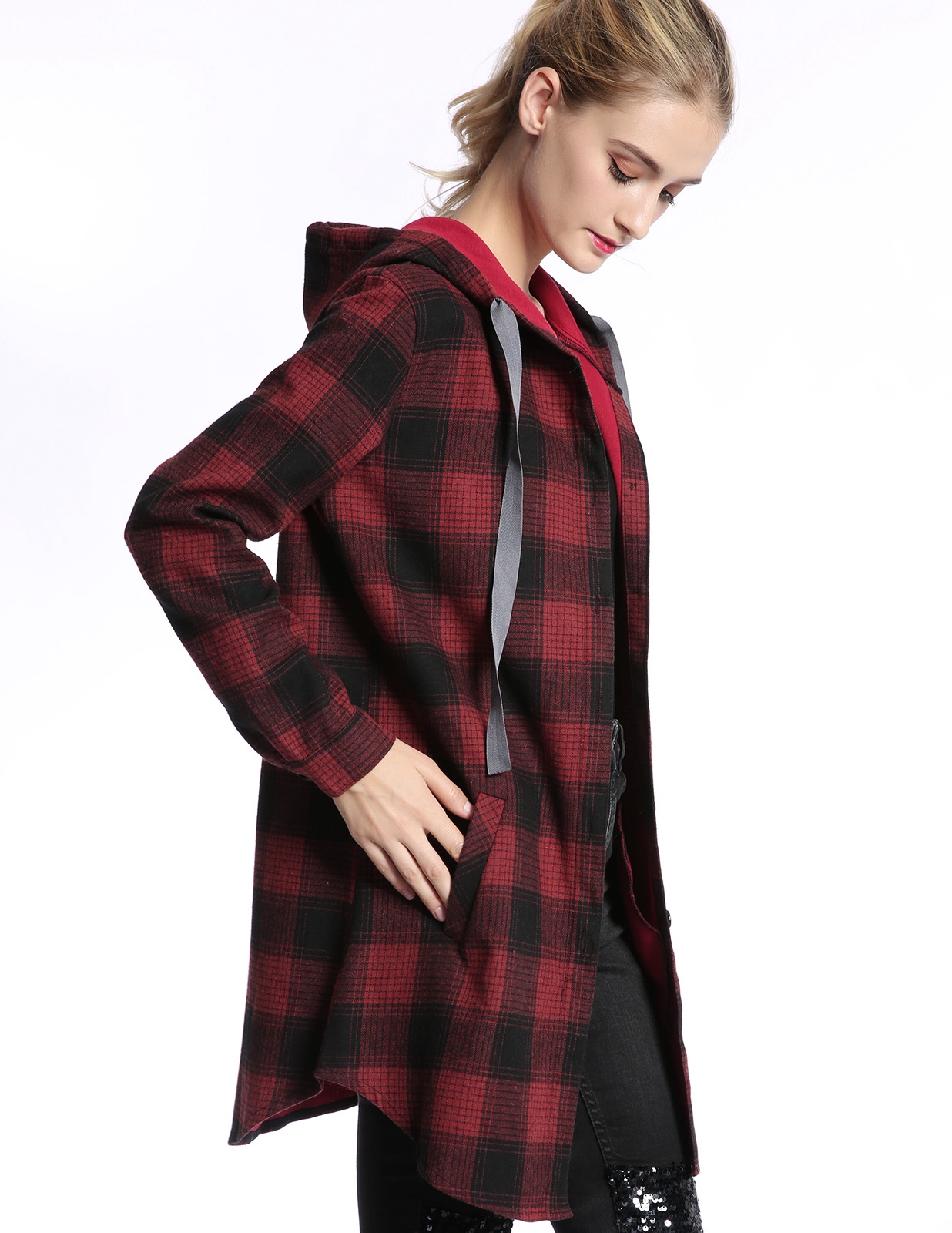 Ccdes - Ccdes Long Sleeve Hooded with Drawstring Button Down Plaid Shirts with Pockets for Women 