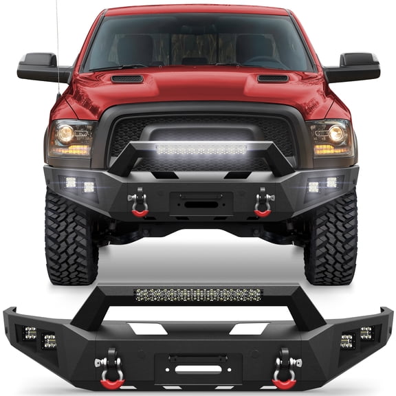 POFENZE Fits 2015-2016-2017-2018 Ram 1500 Rebel Front Bumper Steel Bumper w/Winch Plate LED Lights