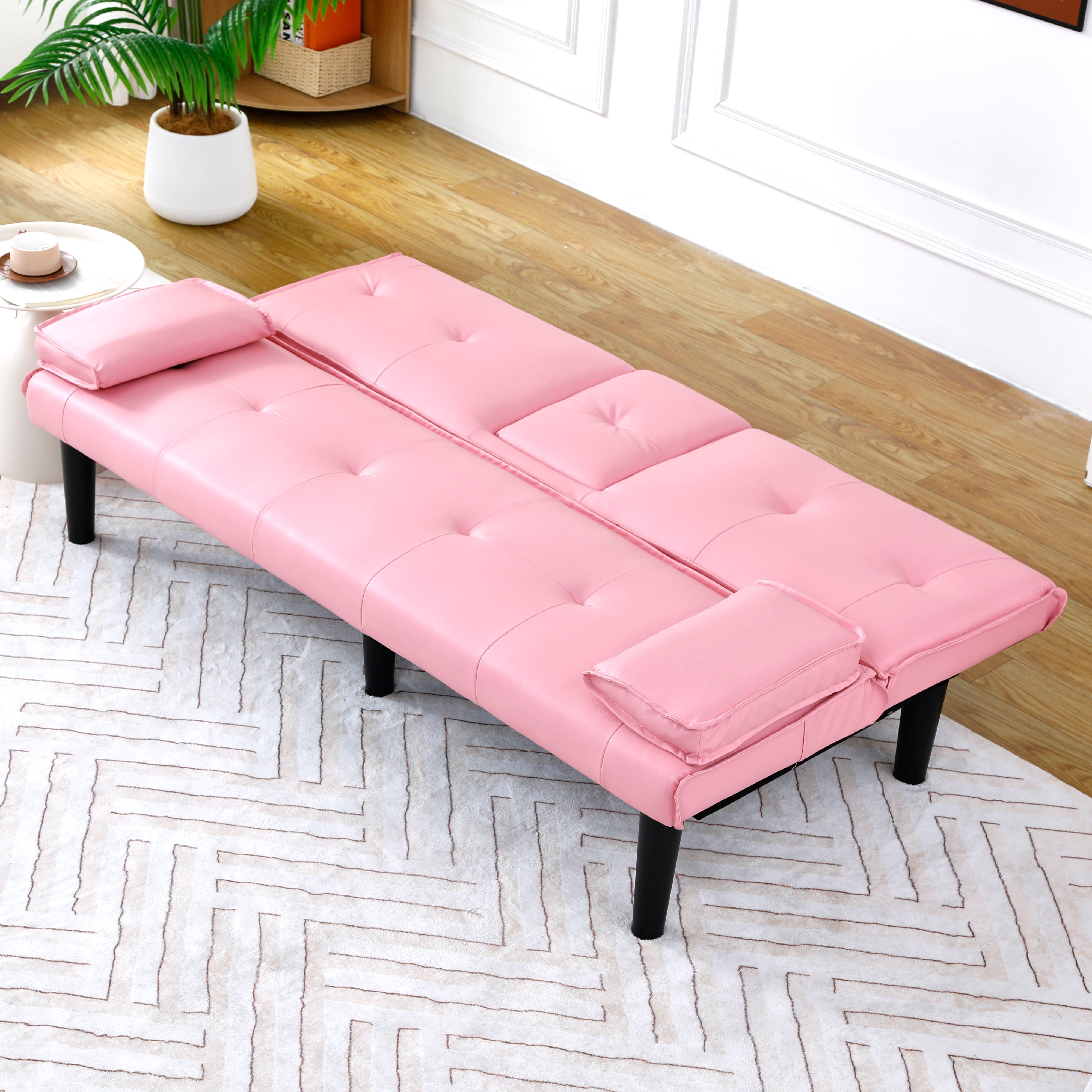 67 inch Futon Sofa Bed Faux Leather Couch Modern Convertible Folding Recliner with 2 Cup Holders for Living Room,Bedroom,Pink