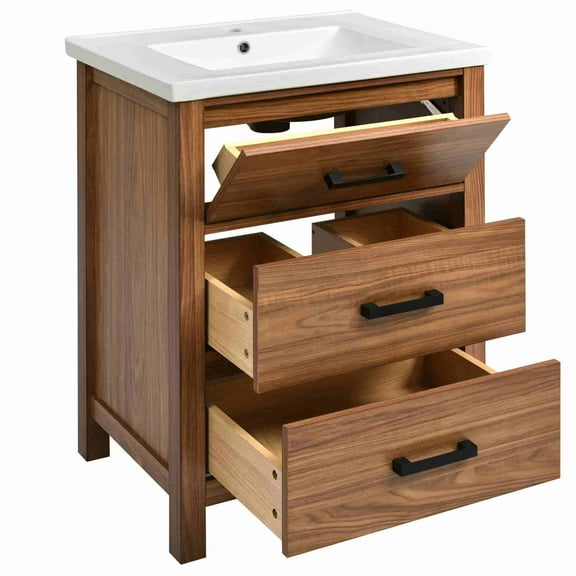 24'' Bathroom Vanity with Ceramic Basin Sink, Modern Storage Cabinet with 3 Drawers, Freestanding Vanity Cabinet with Single Sink