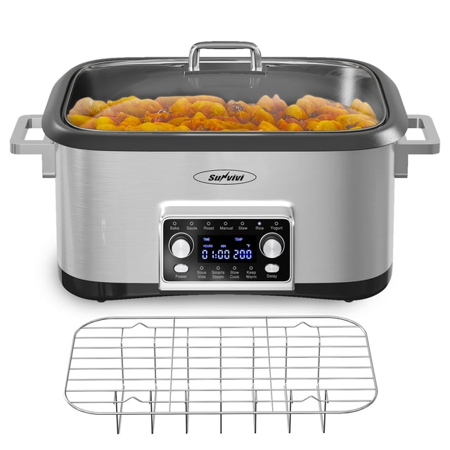 Olla de cocción lenta programable SUNVIVIPRO 12 en 1 de 8 cuartos, calentador de alimentos multiusos con temporizador digital, control de temperatura, olla extraíble de aluminio fundido y tapa de vidr