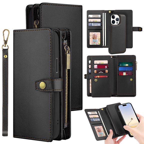 Petocase for iPhone 16 Pro Max Case,Leather Wallet with Card Holder,Magnetic Closure 360 Full Shockproof Protection Drop Absorption Phone Cover with Card Slots,Black