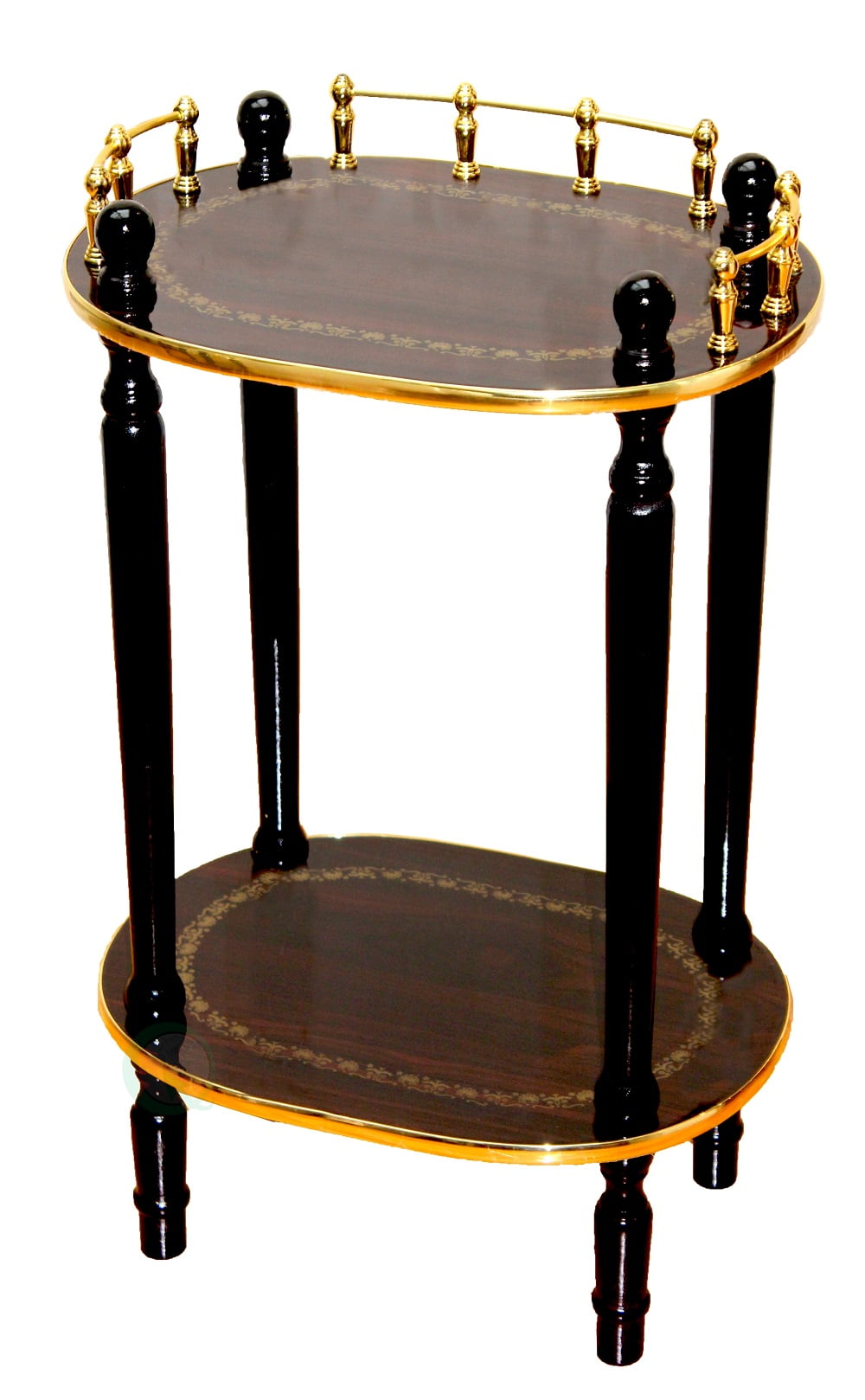 "2Tiered Telephone Table, Gold Marble and Cherry Finish, Espresso