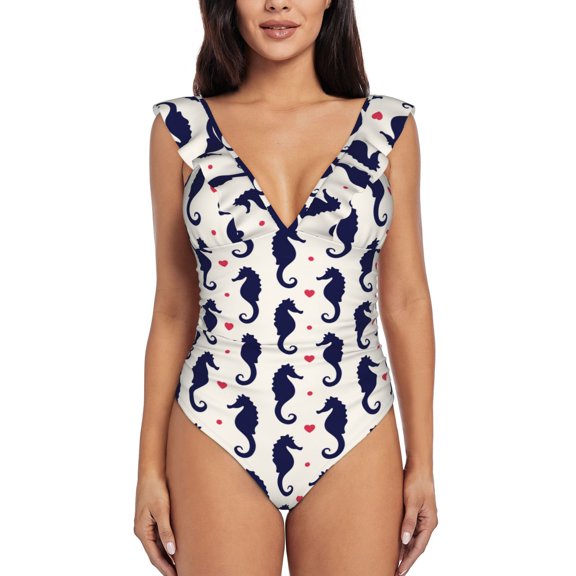 Picia Seahorses and Hearts Blooming Jelly Womens Tummy Control Bathing Suits Slimming Ruffle Swimsuit One Piece Lace Swimwear-