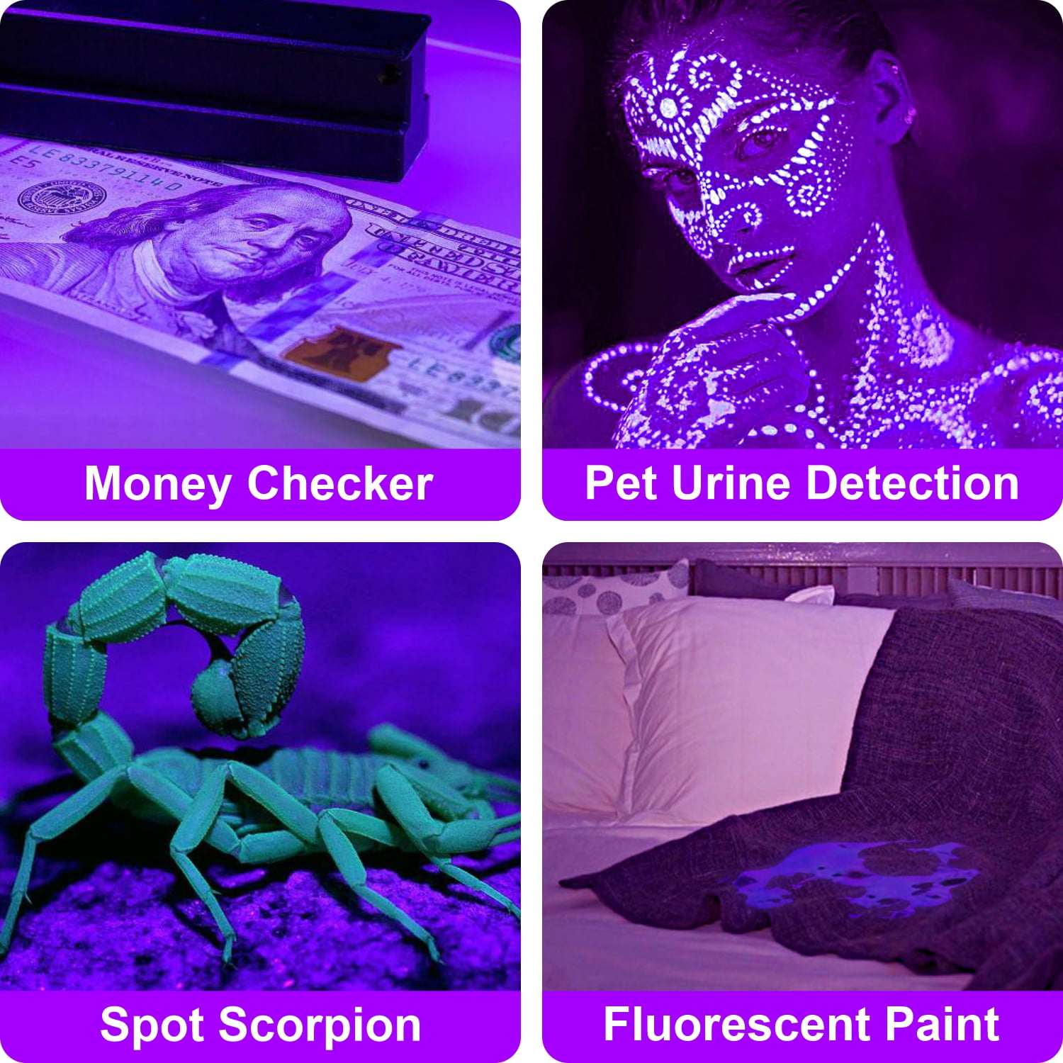 GCGAFUL 4 Pack LED Black Lights, Blacklight Bars with Plug and Switch, Glow in The Dark Party Supplies for Halloween Decorations, Bedroom, Body Paint, Stage Lighting, Poster, Black
