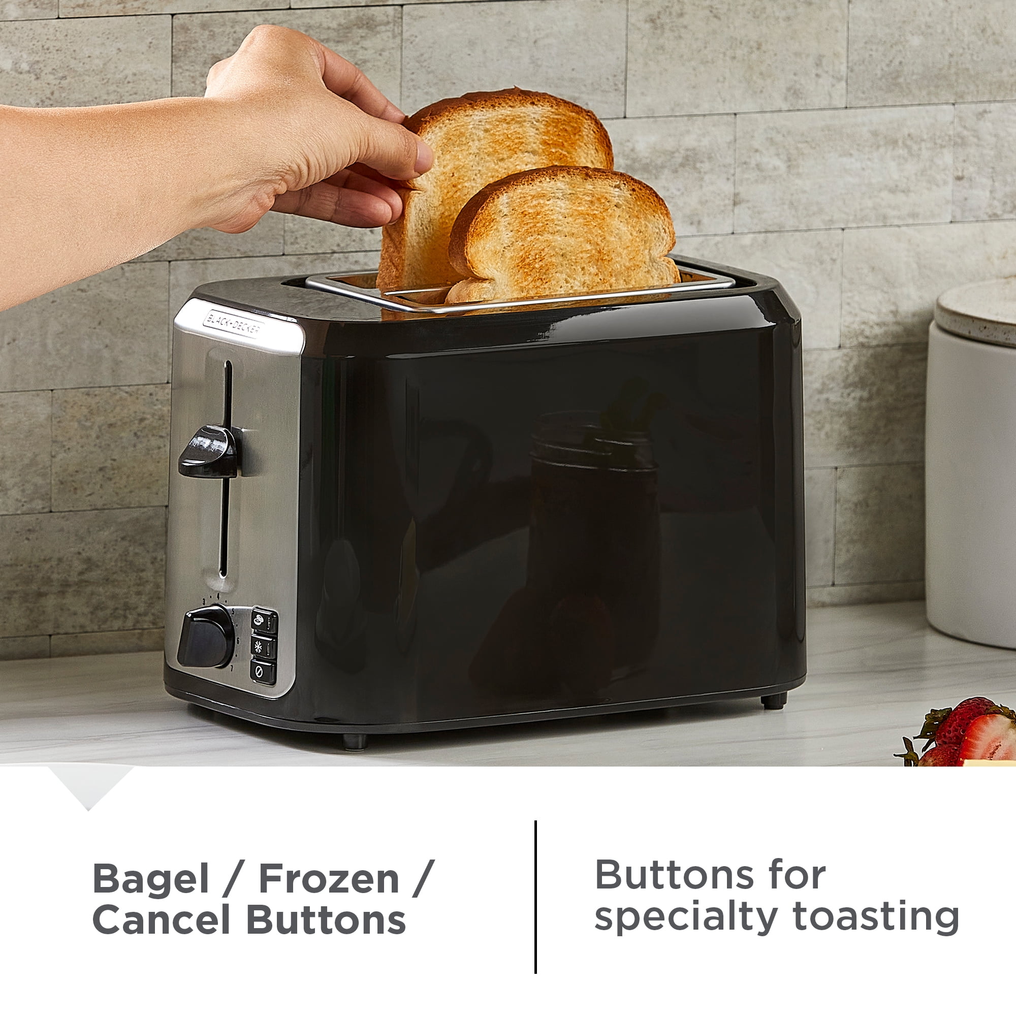 BLACK+DECKER 2-Slice Toaster, with Extra-Wide Slots and Bagel Function, Black with Stainless Steel