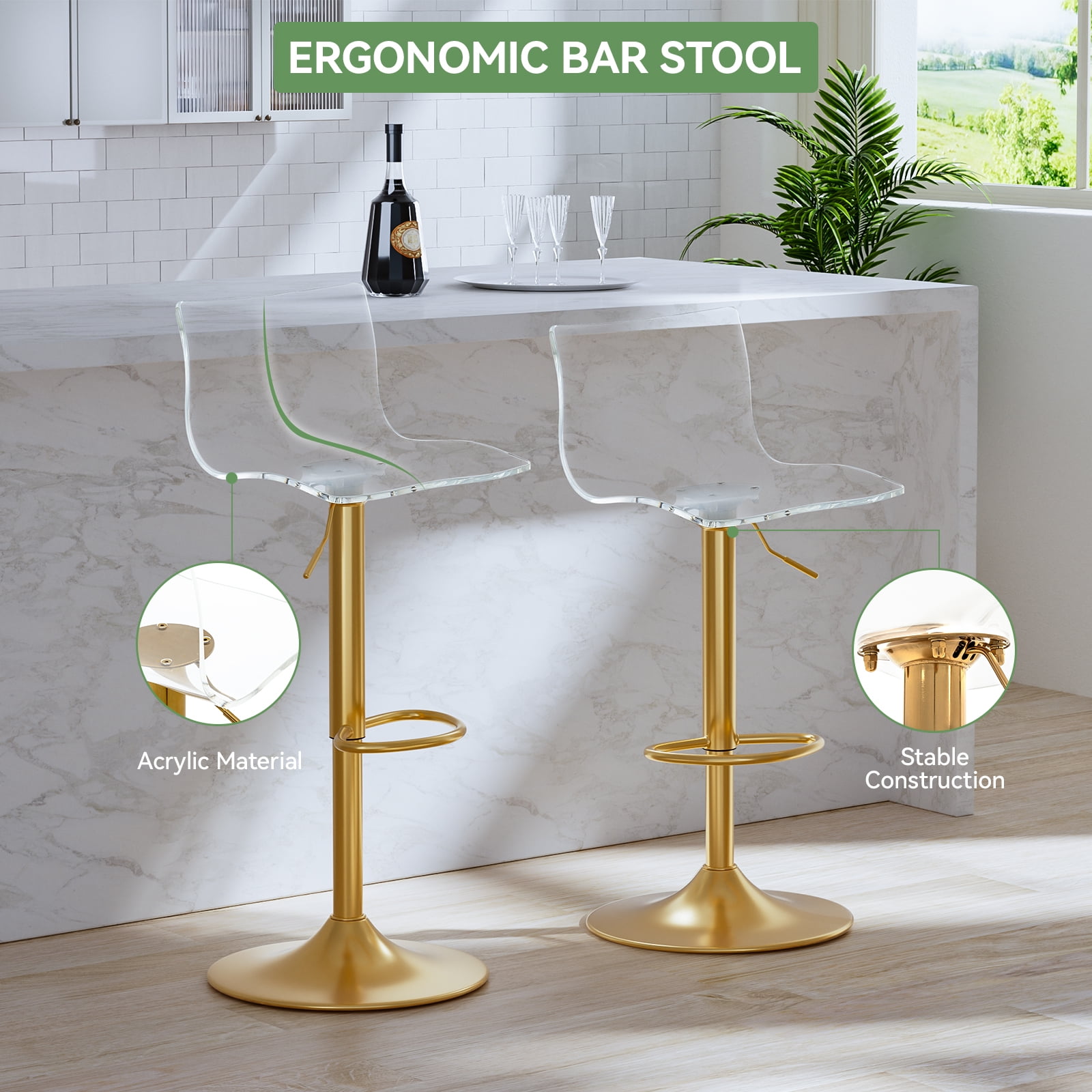 Acrylic Bar Stools Set of 2, Clear Seat Metal Gold Base Barstools, Adjustable 360° Swivel Modern Bar Stool for Kitchen Island, Dining, Bar, Pub