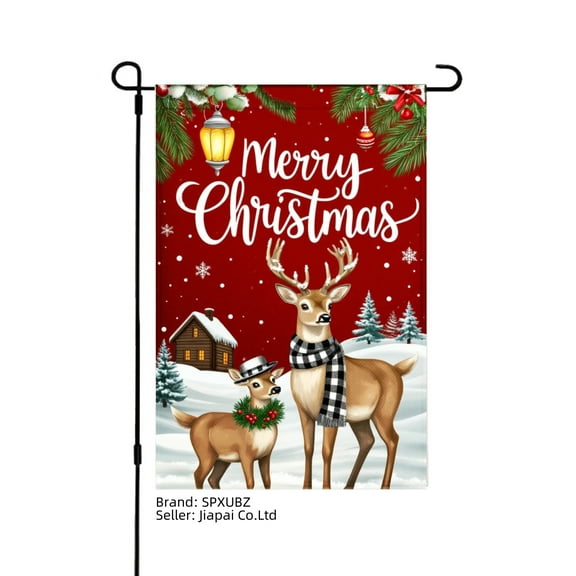 SPXUBZ Merry Christmas Reindeer with Checkered Scarf Linen Garden Flag for Winter Christmas Home Outdoor Garden Yard Door Decor 12x18 inch