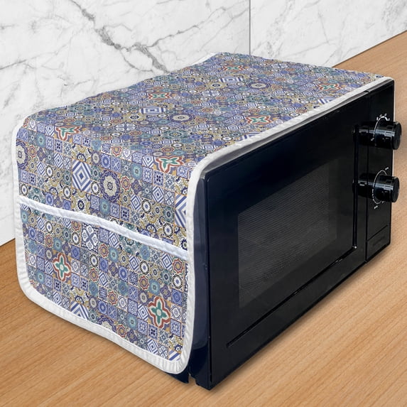Moroccan Microwave Oven Cover, Grid Style Squares Ornamental Geometric Elements Oriental Culture Illustration, Water Resistant Organizer with Pockets for Kitchen, 36" x 12", Multicolor, by Ambesonne