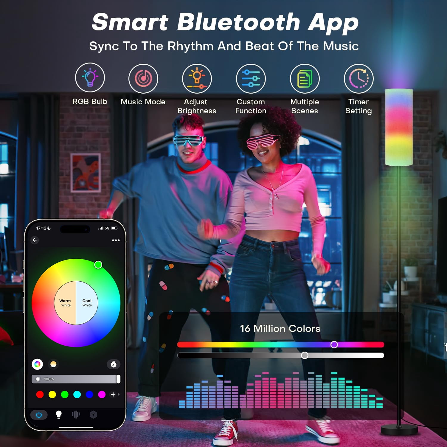 BN-LINK RGB Floor Lamp with Timer, Corner Lamp with Music Sync and 16 Million DIY Colors, APP/Remote/Foot Switch Control, Standing Lamp for Living Room/Bedroom/Office