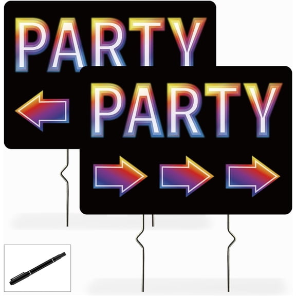 2 Pack Party Signs, Double-Sided Party Sign – 17x12 Inches Corrugated Plastic Yard Party Direction Sign with Stakes – This Way to Birthday Party with Arrow for Outdoor Celebrations (Black)