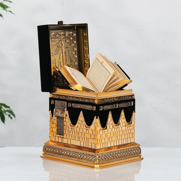 Luxury Kaaba-Shaped Quran Holder with Holy Quran – Gold Plated Islamic Home & Office Decor