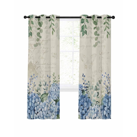 Flowers Leaves Blackout Curtains, Light Blocking Print Window Curtains, Farmhouse Floral Blue Green Beige Thermal Insulated Window Drapes for Living Room Kitchen Cafe 2 Panels, 104"W x 63"L