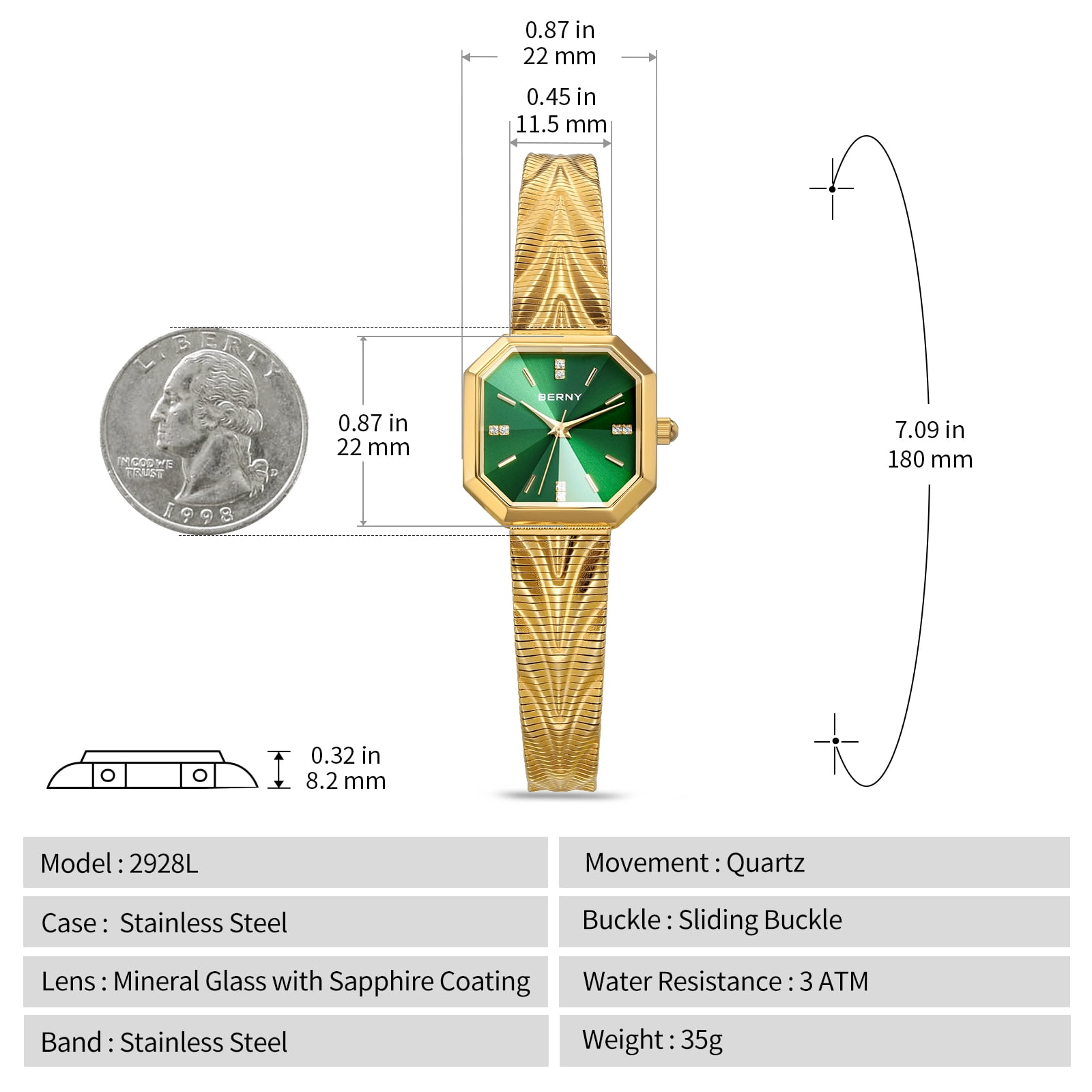BERNY Small Gold Watches for Women, Dainty Luxury Diamond Dial, Stainless Steel Bracelet Watch, Fashion Ladies Analog Quartz Watch, Minimalist Waterproof Womens Wristwatch Gifts (Green)
