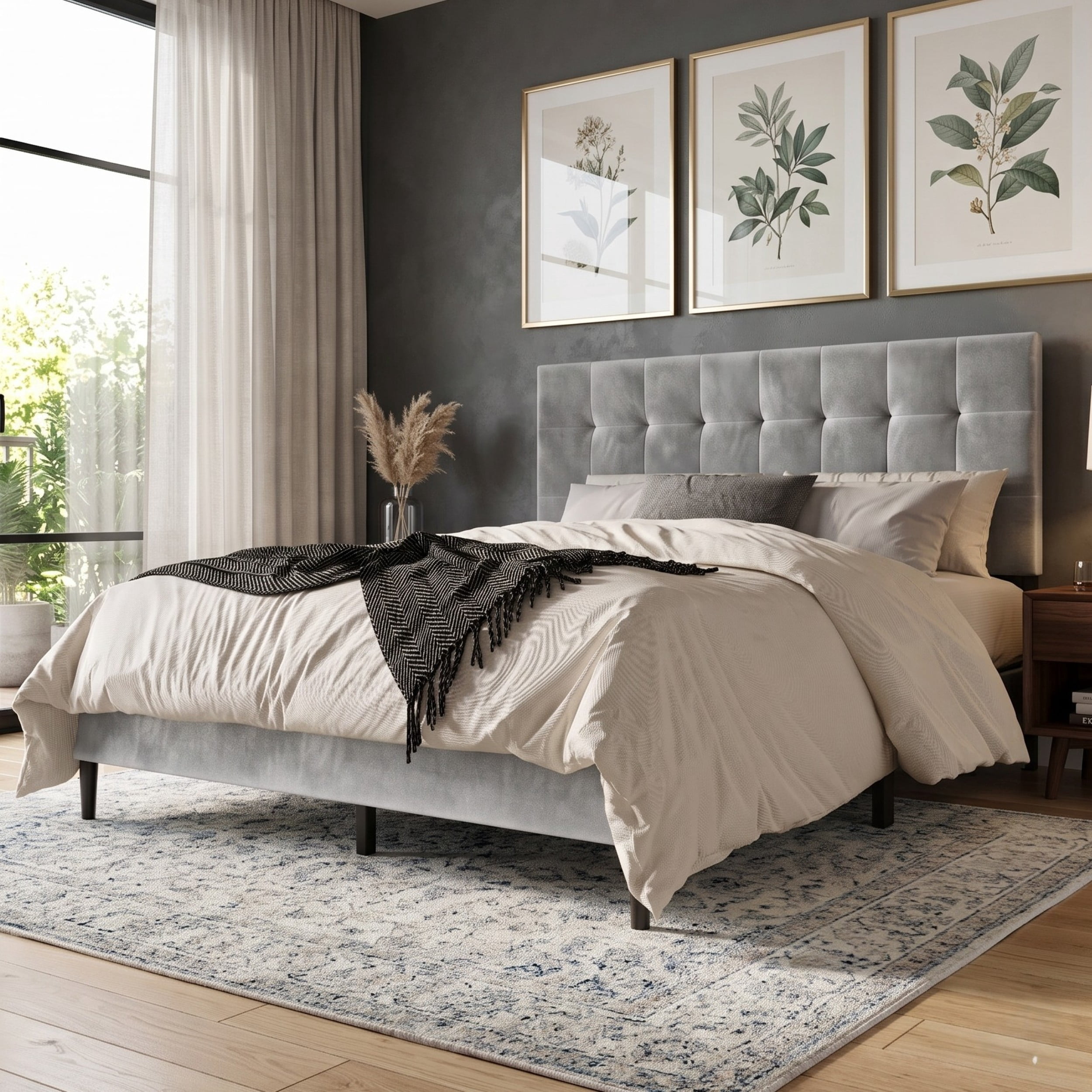 Home Design Marion Full Tufted Upholstered Platform Bed Frame with Tufted Headboard and Plush Padding, Silver Gray, Easy Assembly