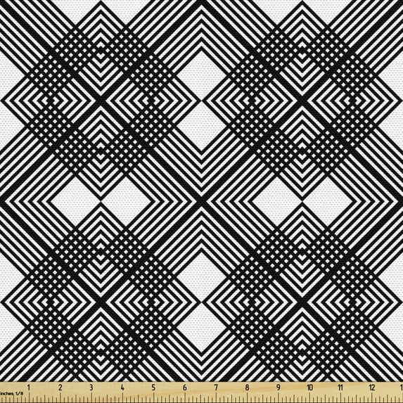 Trellis Fabric by the Yard Upholstery, Pattern of Geometric Composition of Concentric Rhombus in Monotone, Decorative Fabric for DIY and Home Accents, 5 Yards, Charcoal Grey and White by Ambesonne