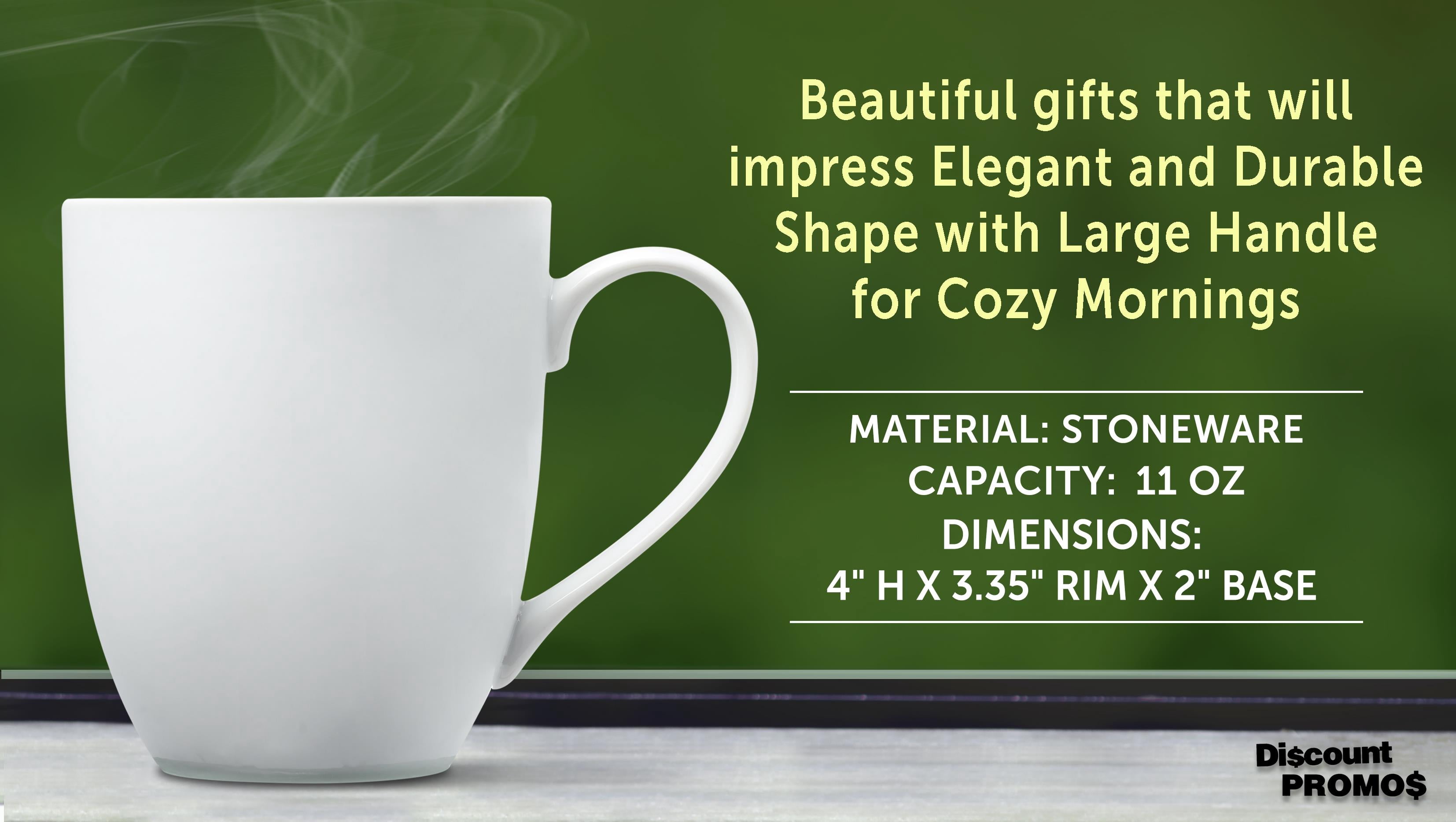 10 Bistro Vitrified Porcelain Mugs Set, 11 oz. - Stoneware, Coffee, Tea - White
