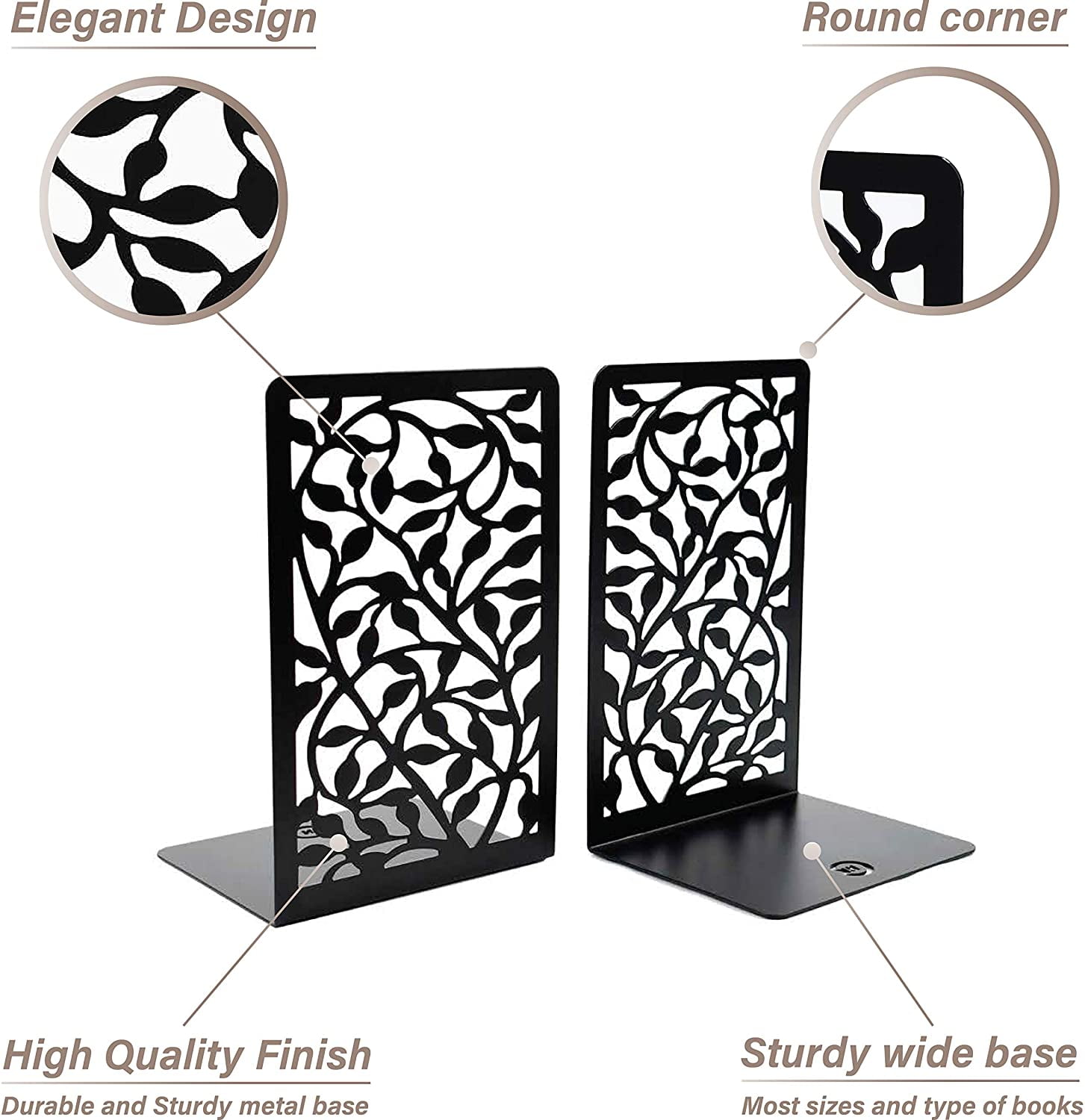 Premium Black Infinite Leaves Bookends 1 1Pair Heavy Duty Bookends for Book Shelves Metal Decorative Book Ends for Home Office Heavy Books Home Decorative Book Stoppers Book Holder 