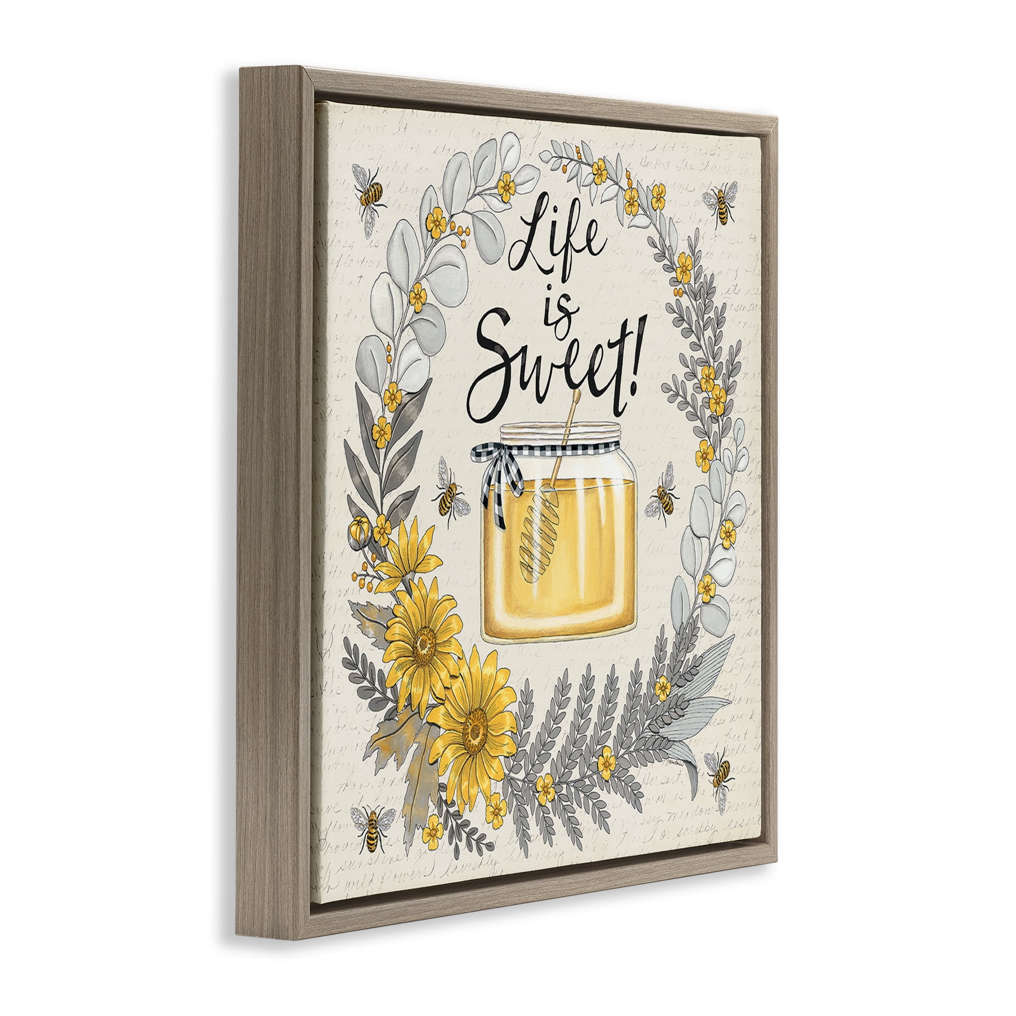 Stupell Industries Life Is Sweet Wreath Plants & Flowers Painting Brown Floater Framed Canvas Art Print Wall Art, 18 x 18