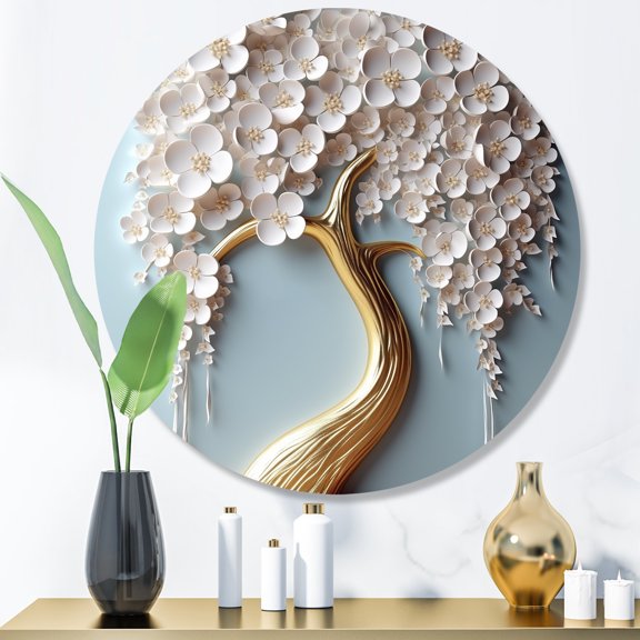 Designart "Garden of Branches White Orchid Tree VI" Tree Floral Metal Round Wall Decor