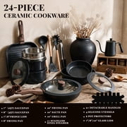 Kikcoin Ceramic Pots and Pans Set, 24-Piece Nonstick Cookware Set with Detachable Handles, Stackable Titanium Pots Set for Kitchen, Induction and Dishwasher Safe, Black
