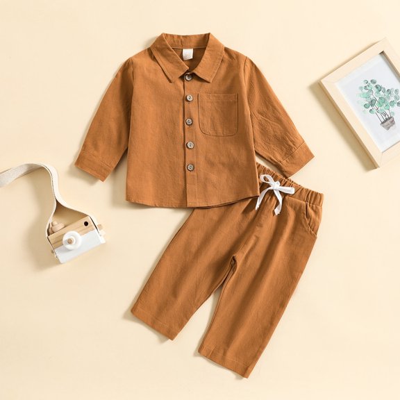Toddler Boy Linen Set, Button Down Shirt & Pants Two-Piece, Long Sleeve Casual Matching Outfit For Boys Brown 2-3 Years