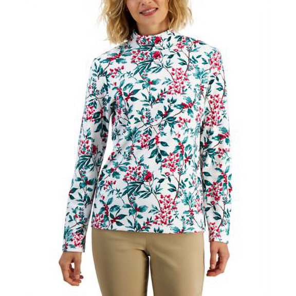 MSRP $15 Karen Scott Petite Mock-Neck Printed Top White Size Large P