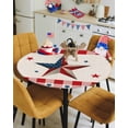 thumbnail image 4 of Memorial Day Patriotic USA Flag Fitted Round Tablecloths Elastic Edged Table Covers 45"-54",Blue Red Star and Lattice on Burlap Waterproof Dining Room Table Cloth for Kitchen Holiday Party Tables, 4 of 6