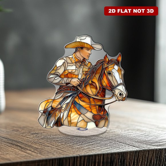 Rotating acrylic display features stunning stained glass of a cowboy on a horse showcasing exquisite texture and vibrant color changes for a captivating visual experience