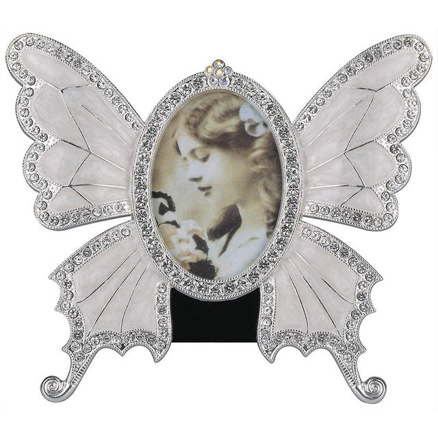 Marco de fotos de metal vintage con diseño de mariposa elipse decorado con diamantes de imitación, decoración del hogar, marco de fotos de escritorio, marco de mesa, blanco, 3 "-5"
