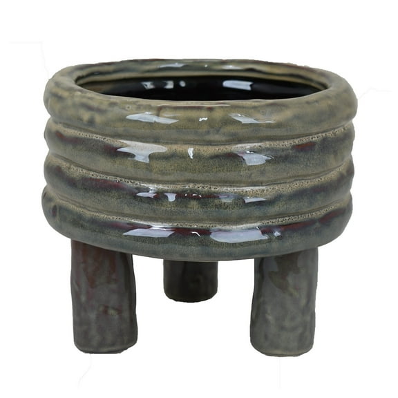 Garden Planter, Decorative Turned Style Glossy Gray Ceramic, 10 Inch