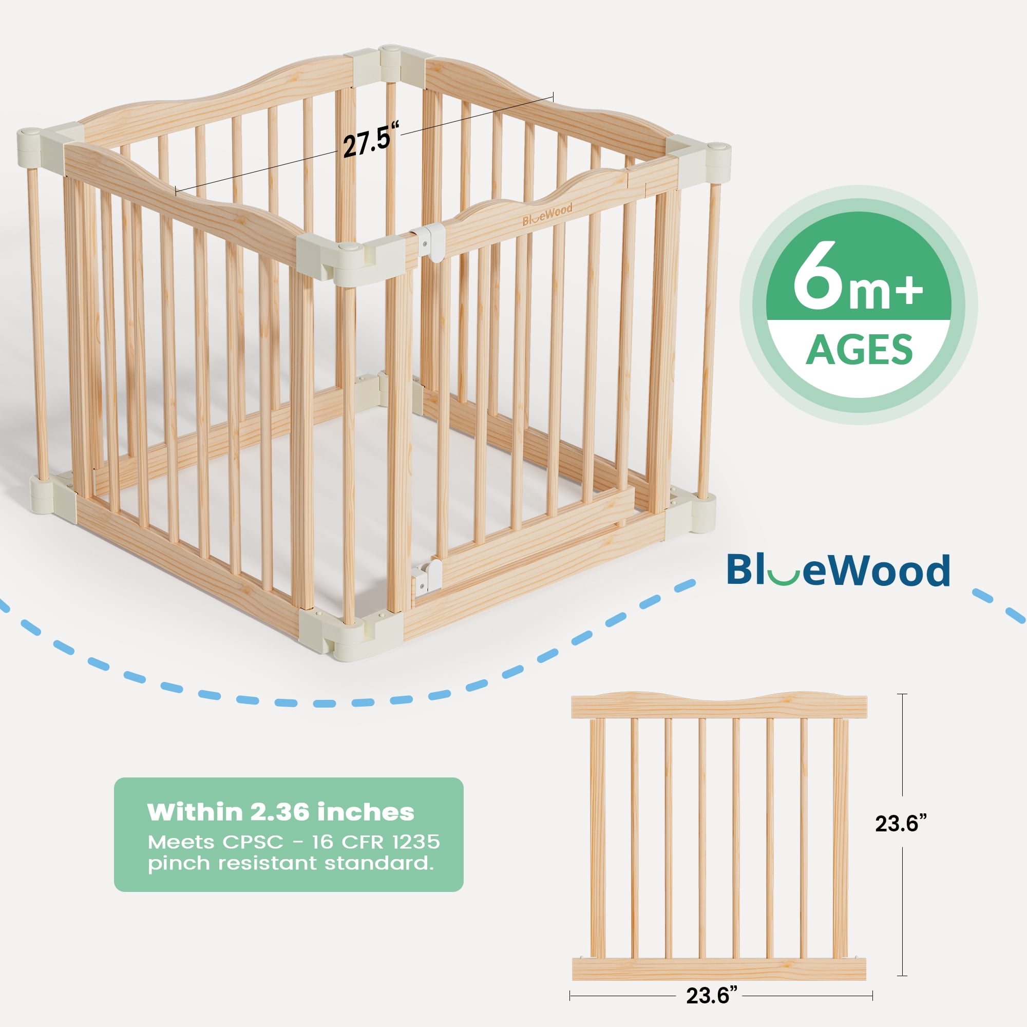 Buballino Natural Wood Baby Playpen - 27.5" Flexible 4-Piece Assembly Set