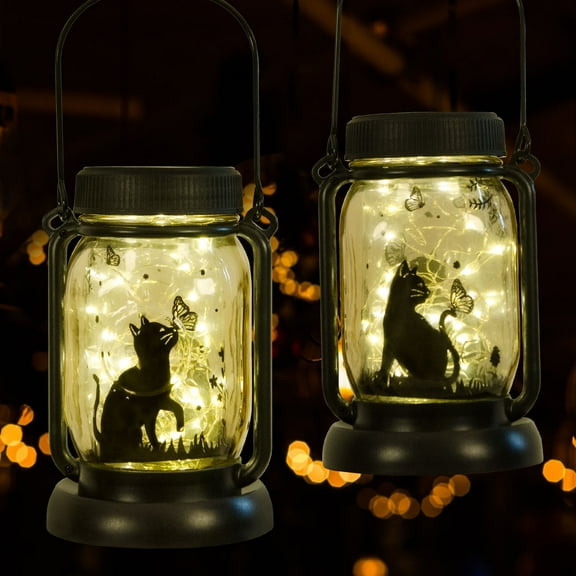 Cat and Butterfly Solar Lanterns Mother's Day Gift Outdoor Garden Hanging Solar Lights Cat and Butterfly Lover Gifts for Women, Memorial Gifts Fairy Lights for Patio Yard Lawn Outside Decor Lamp