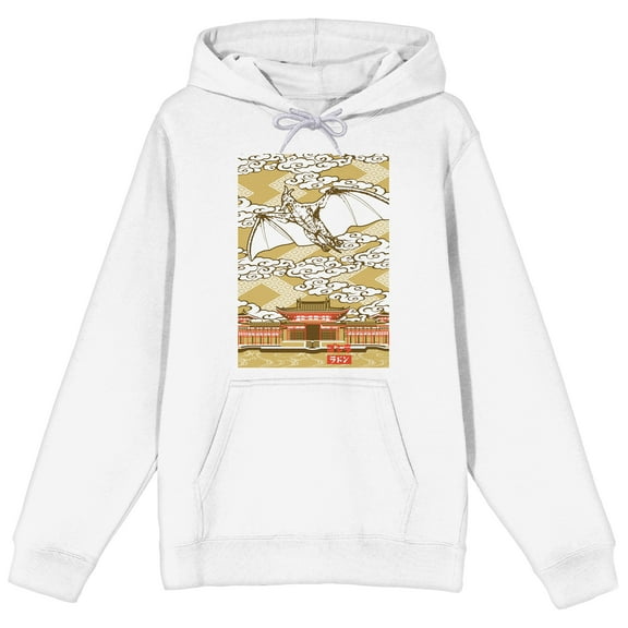 Godzilla Rodan Flying Over Temple Long Sleeve Adult White Hooded Sweatshirt-Medium