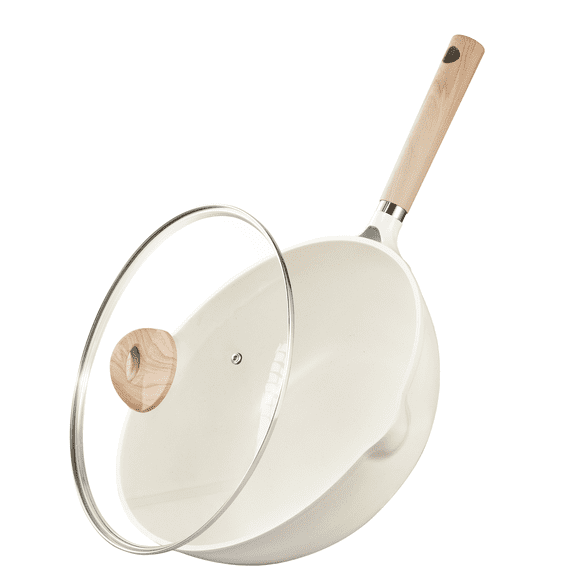 Carote 12" Wok Pan with Lid, Nonstick Cookware with Induction, All Stoves Compatible, Easy to Clean, White Granite