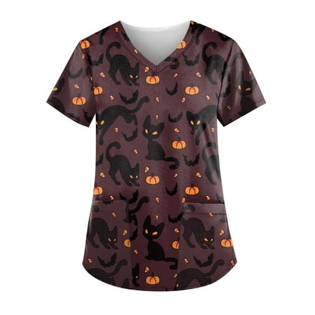 

qucoqpe Womens Halloween Scrubs Plus Size Tops Fashion Woman Causal V-Neck Printing Blouse Short Sleeve T-Shirt Casual Halloween Pockets Tops Nurse Shirts Halloween Costume