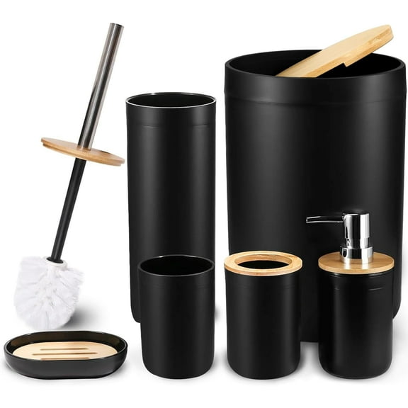 CERBIOR 7 Pieces Bamboo Bathroom Accessories Sets, Bath Set- Soap Dish Toothbrush Holder Rinse Cup Lotion Bottle Trash Can Toilet Brush - Practical Toilet Kit for Home Washing Room,Black