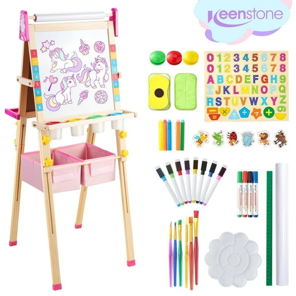 Keenstone Unicorn Art Easel for Kids, Educational Toy for 3,4,5,6,7,8 Boys&Girls, Wooden Chalk Board & Magnetic Whiteboard & Painting Paper Stand, Gift & Art Supplies for Toddlers