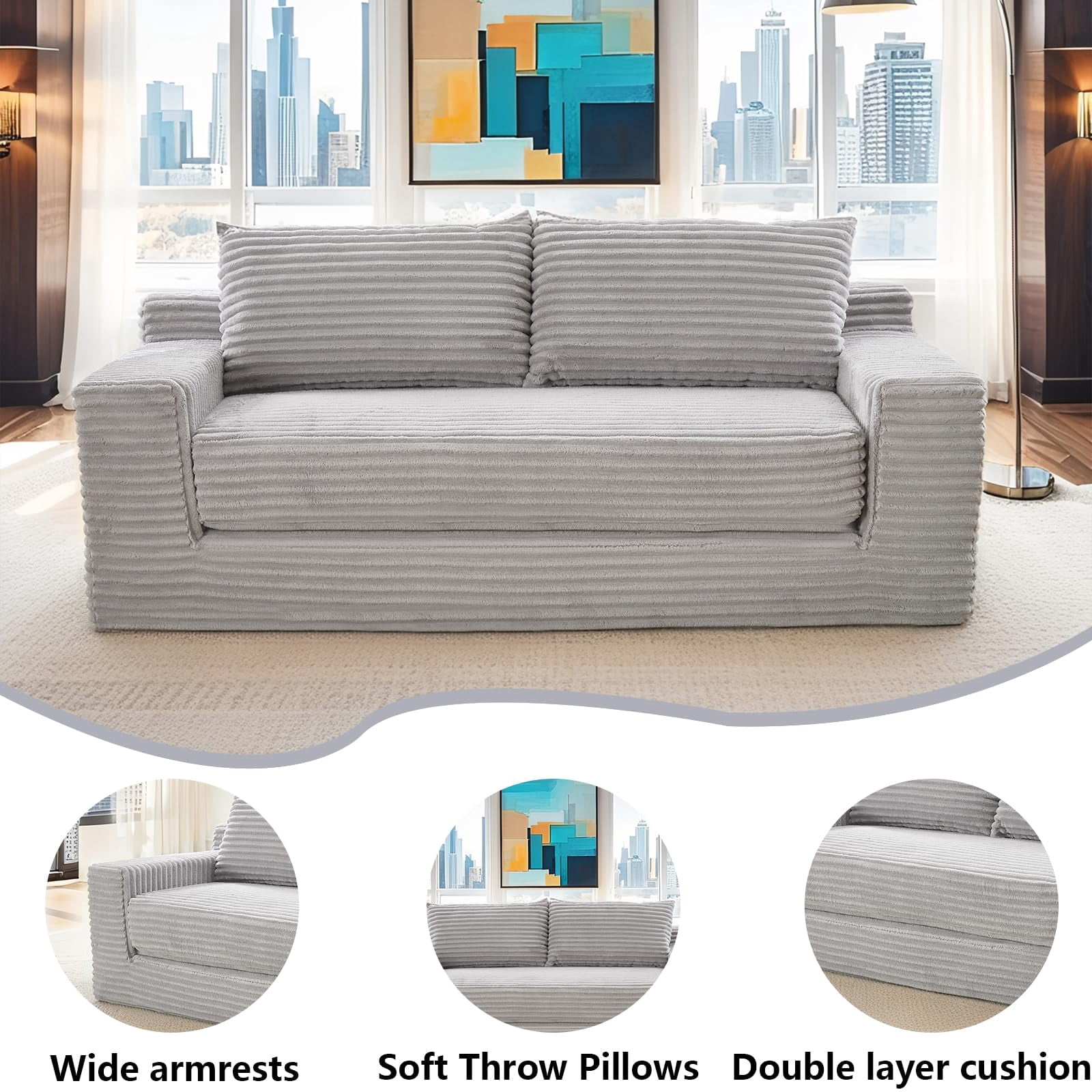 LUCKHAO 78" Convertible Loveseat Sofa Bed, Corduroy Fabric, Memory Foam, No Assembly, Compact Couch for Adults, Grey