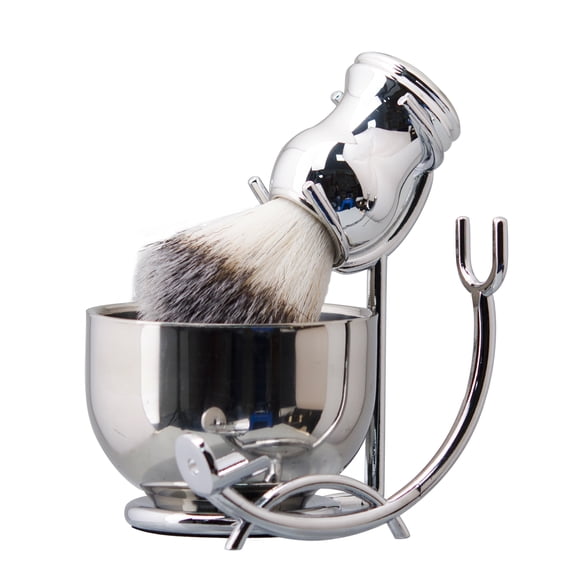 Grandslam Deluxe Shaving Kit for Men, 3 in 1 Shaving Set Includes Shaving Brush, Stainless Steel Shaving Bowl and Razor & Brush Holder, Silver Set