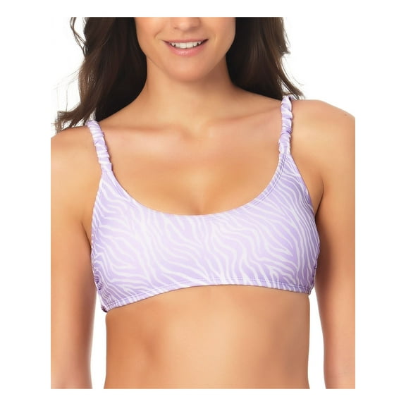California Waves Women's Purple Printed Stretch Removable Cups  Lined Adjustable Smocked Scoop Neck Swimsuit Top M