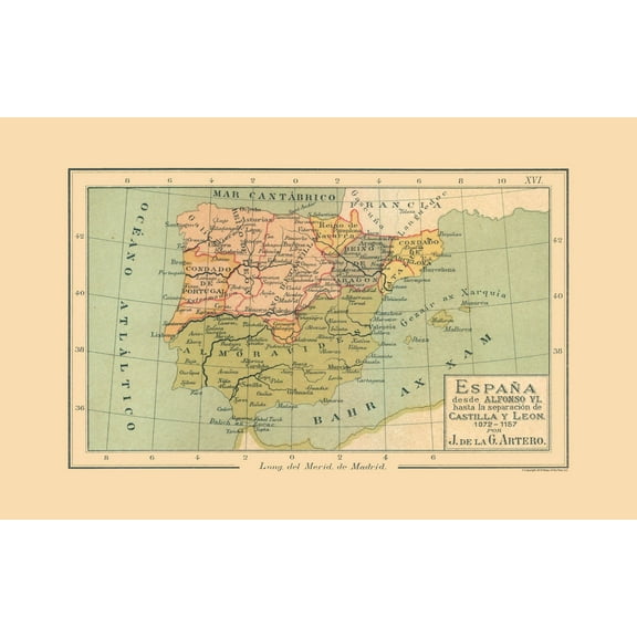Historic Map - Spain 1072 AD to 1157 AD - Artero 1879 - Vintage Wall Art