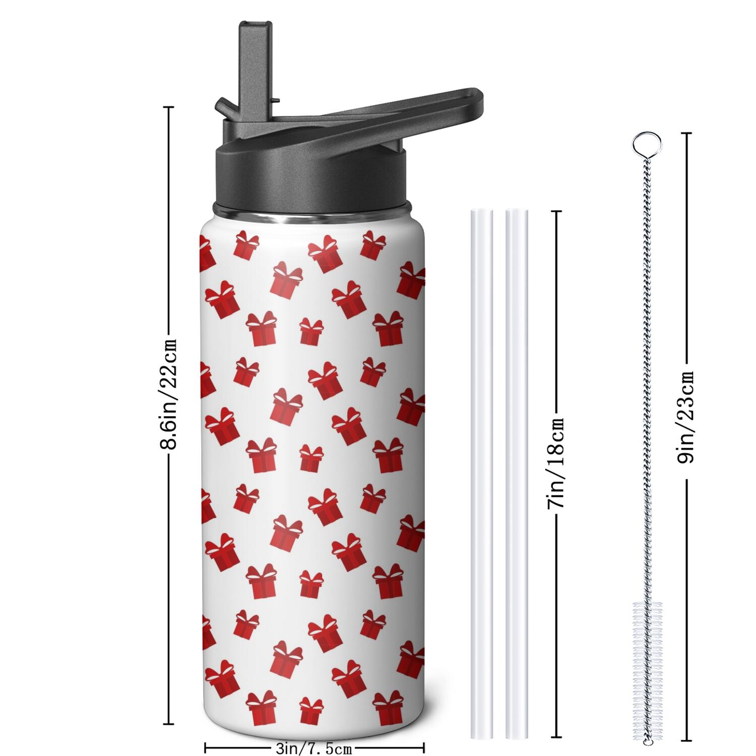 Christmas 18 oz Insulated Stainless Steel Water Bottle with Straw & Cleaning Brush , Leakproof, BPA-Free, 304 Stainless Steel, Wide Mouth, Travel Mug for Car, Gym, Office
